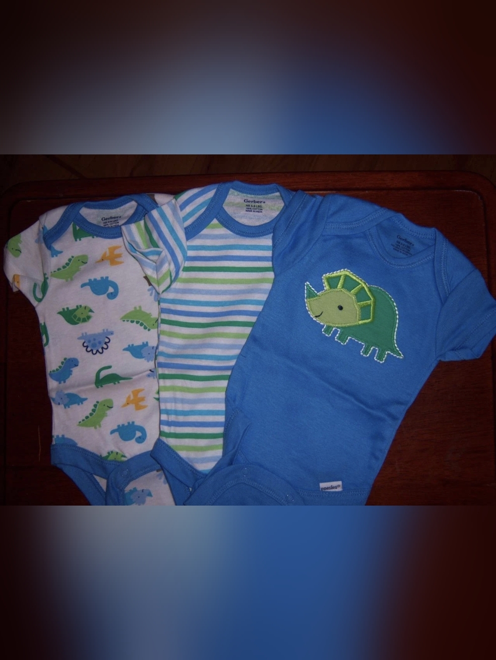 NWT Gerber Newborn Baby Boy Onesies 3-Pack Dinosaur Bodysuits Blue Green